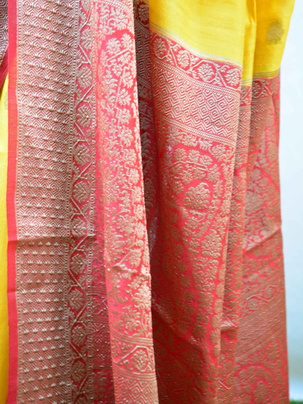 Banarasee Handwoven Pure Muga Silk Sari With Floral Border & Pallu-Yellow