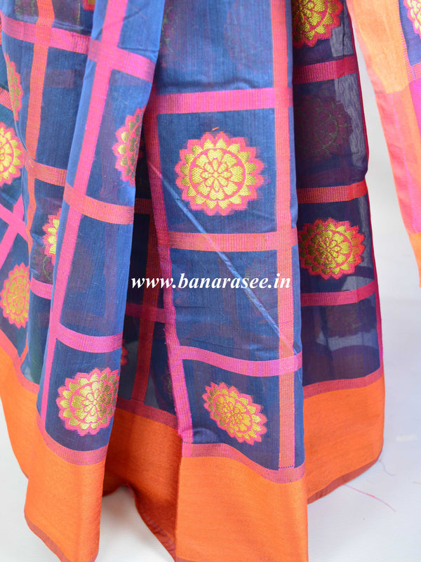 Banarasee Handloom Cotton Silk Saree With Checks & Ganga Jamuna Border-Blue