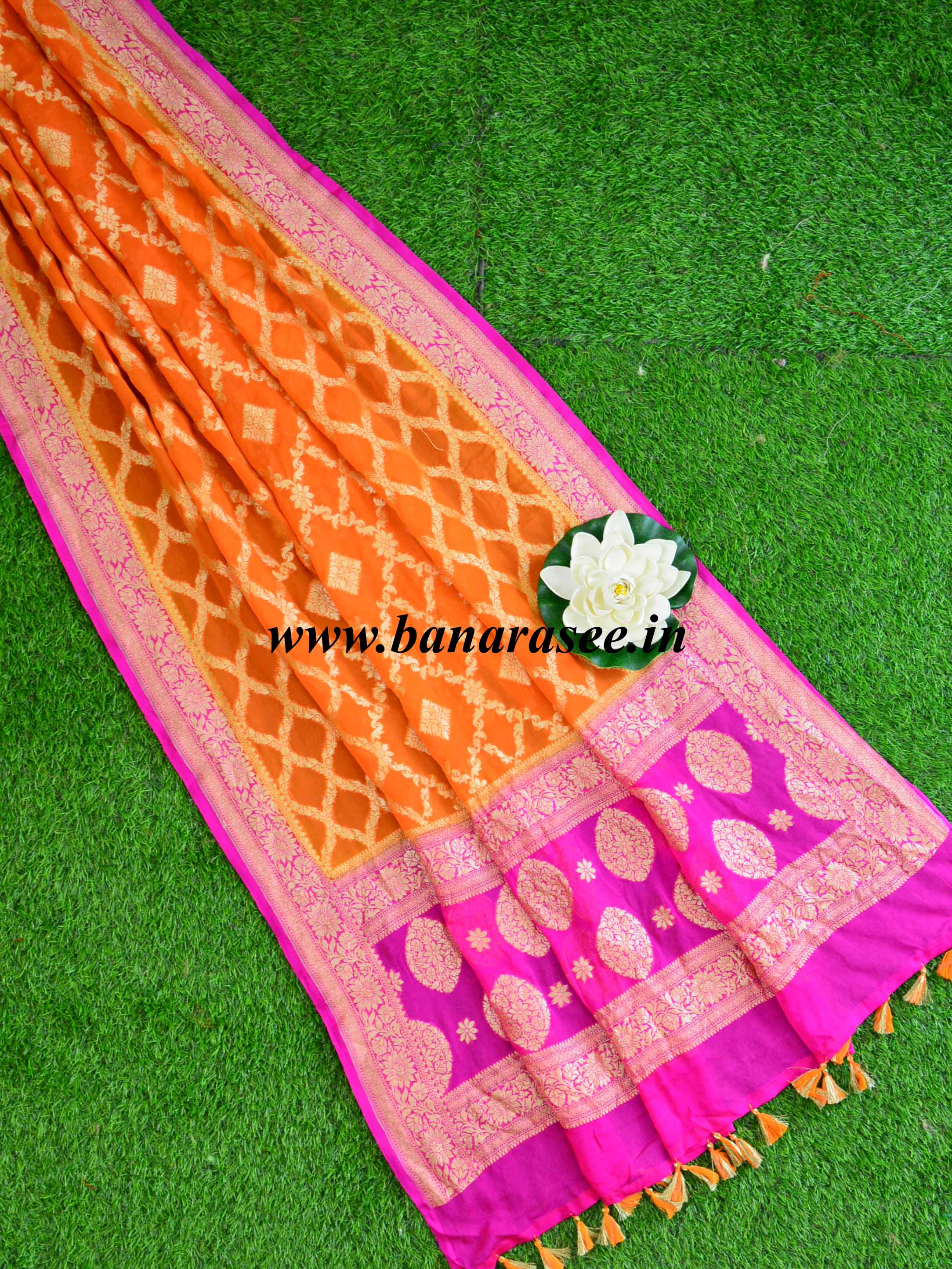 Banarasee Handwoven Khaddi Chiffon Silk Dupatta-Orange & Pink