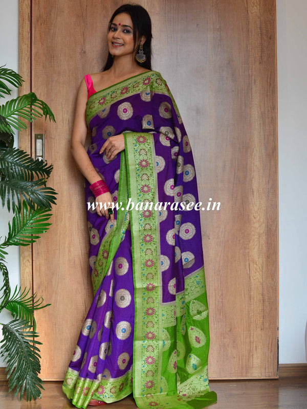 Banarasee Handwoven Semi Silk Saree With Buta Design-Purple & Green