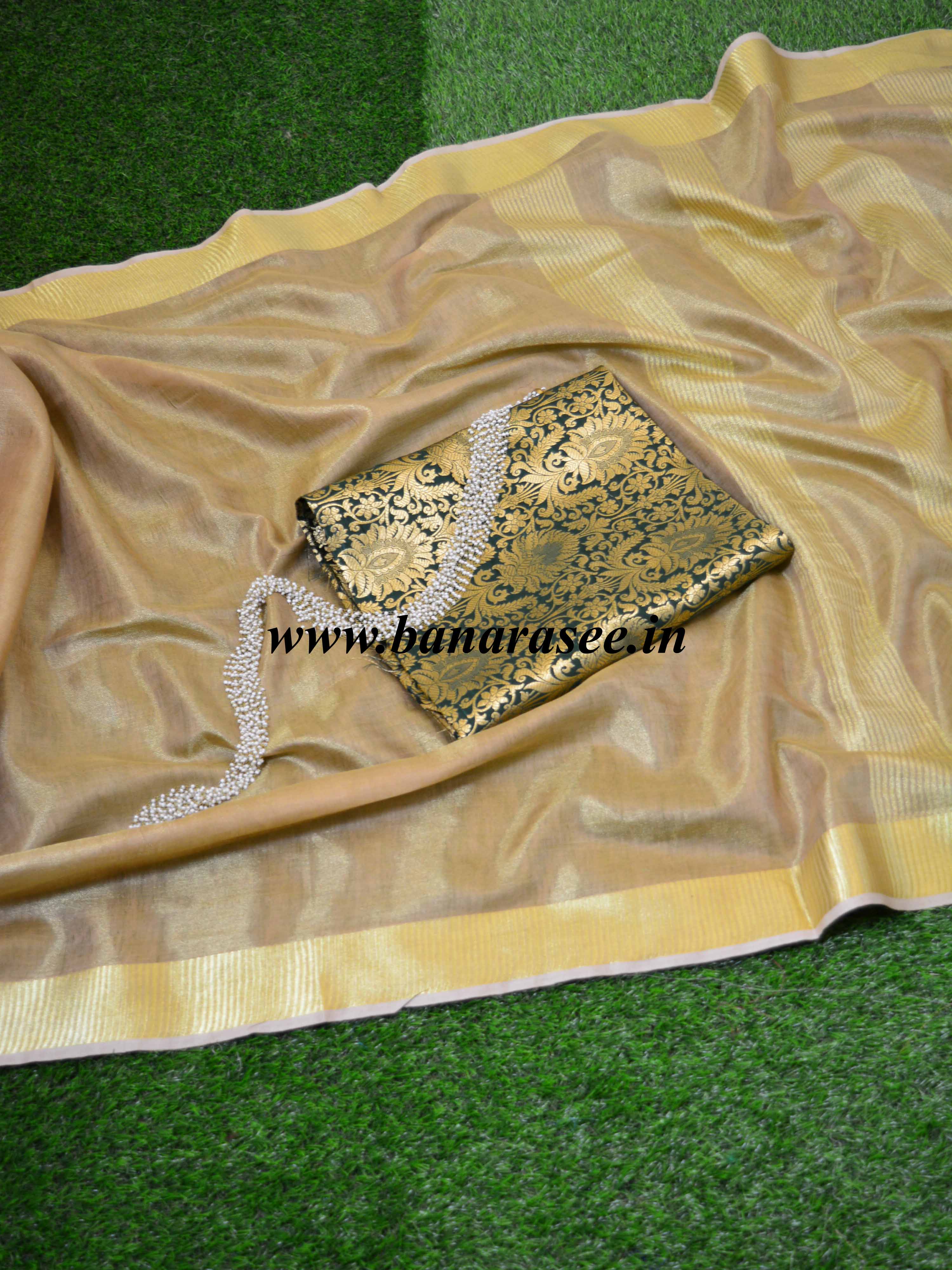 Banarasee Handloom Pure Linen By Tissue Saree With Green Brocade Blouse-Gold