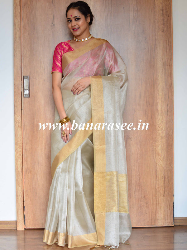 Banarasee Handwoven Plain Tissue Saree With Solid Border-Silver