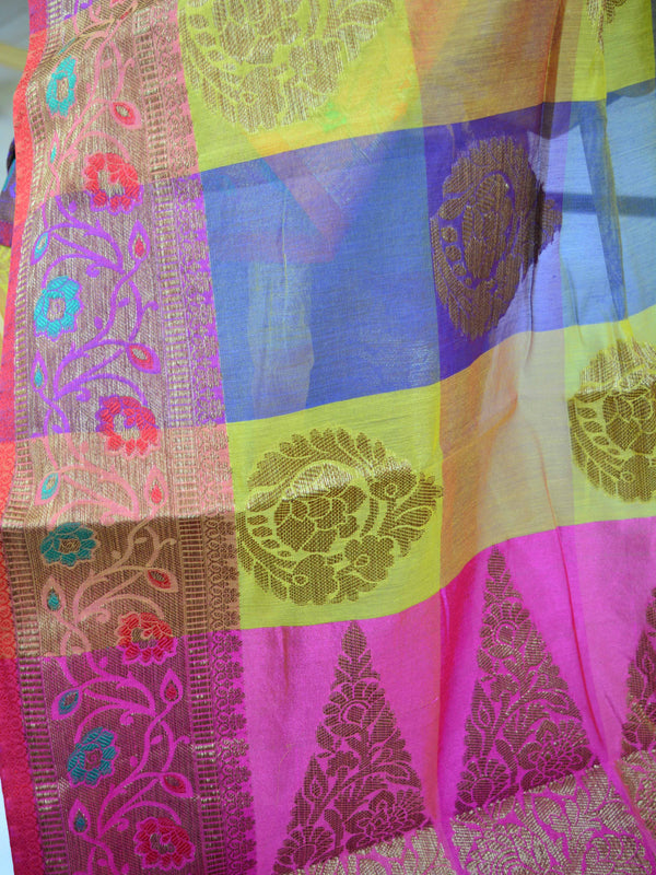 Banarasee Cotton Silk Mix Saree With Checks & Antique Gold Zari Work Border-Multicolor