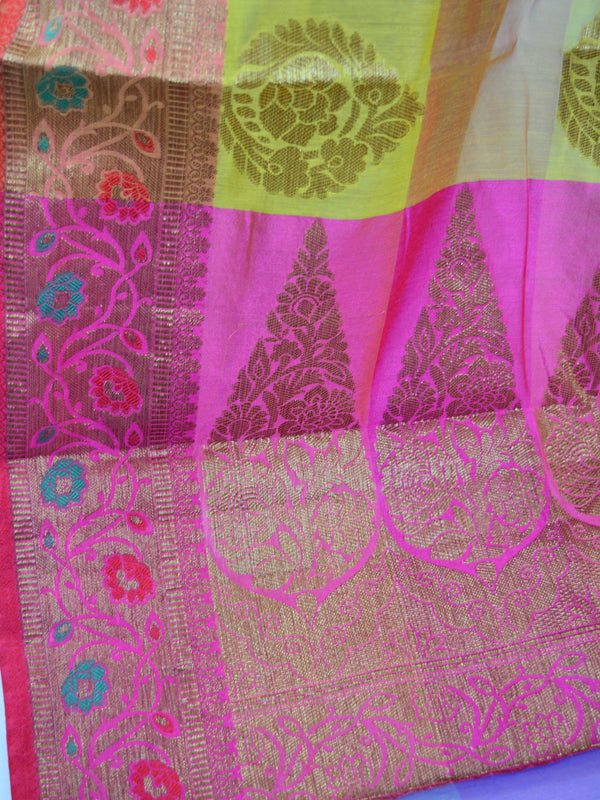 Banarasee Cotton Silk Mix Saree With Checks & Antique Gold Zari Work Border-Multicolor