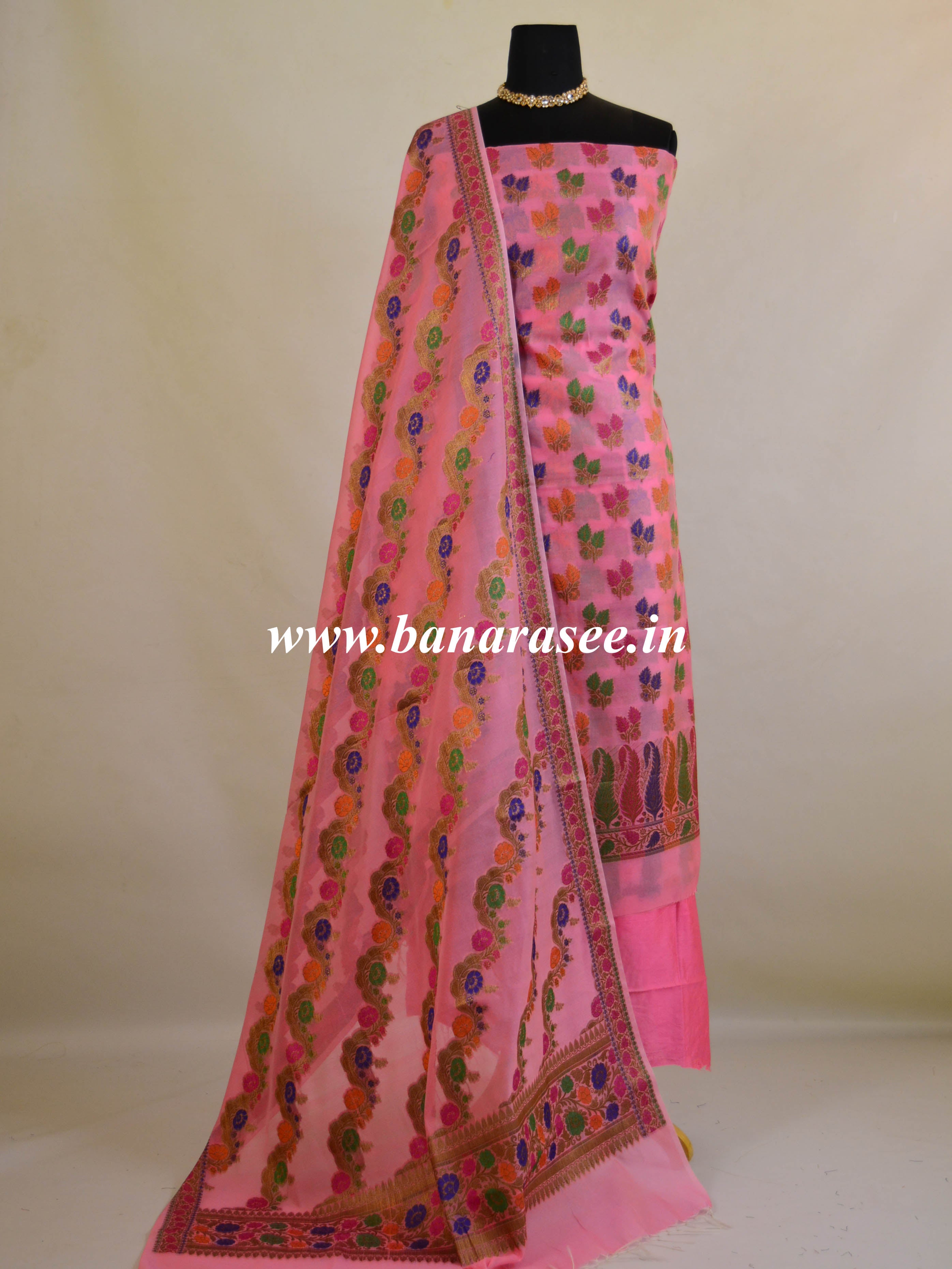 Banarasee Semi Silk Salwar Kameez Dupatta Set Meena & Zari Design-Pink