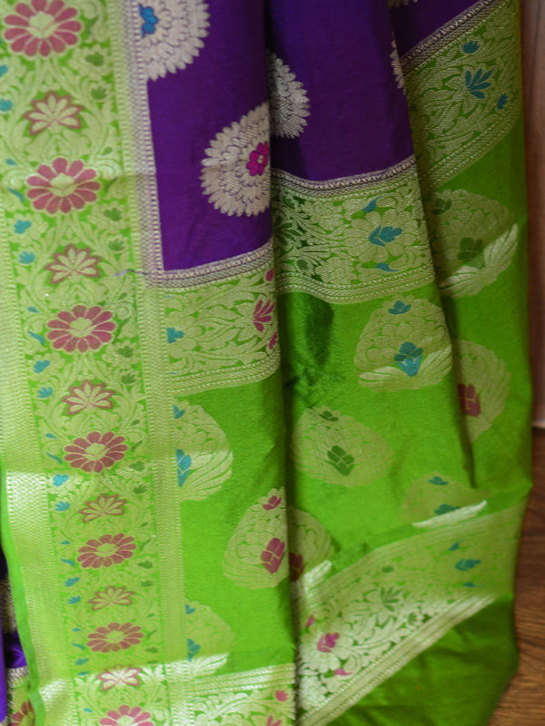 Banarasee Handwoven Semi Silk Saree With Buta Design-Purple & Green