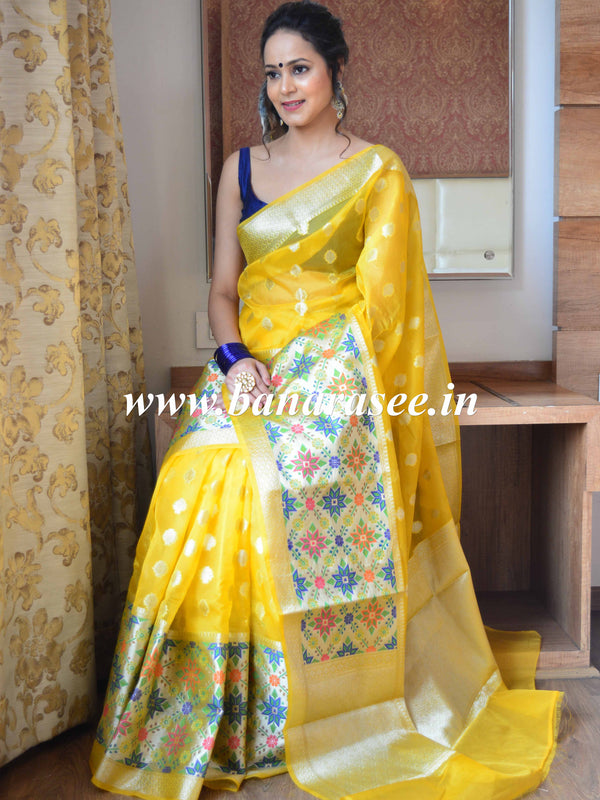 Banarasee Organza Mix Saree With Buti Design & Broad Meenakari Border-Yellow
