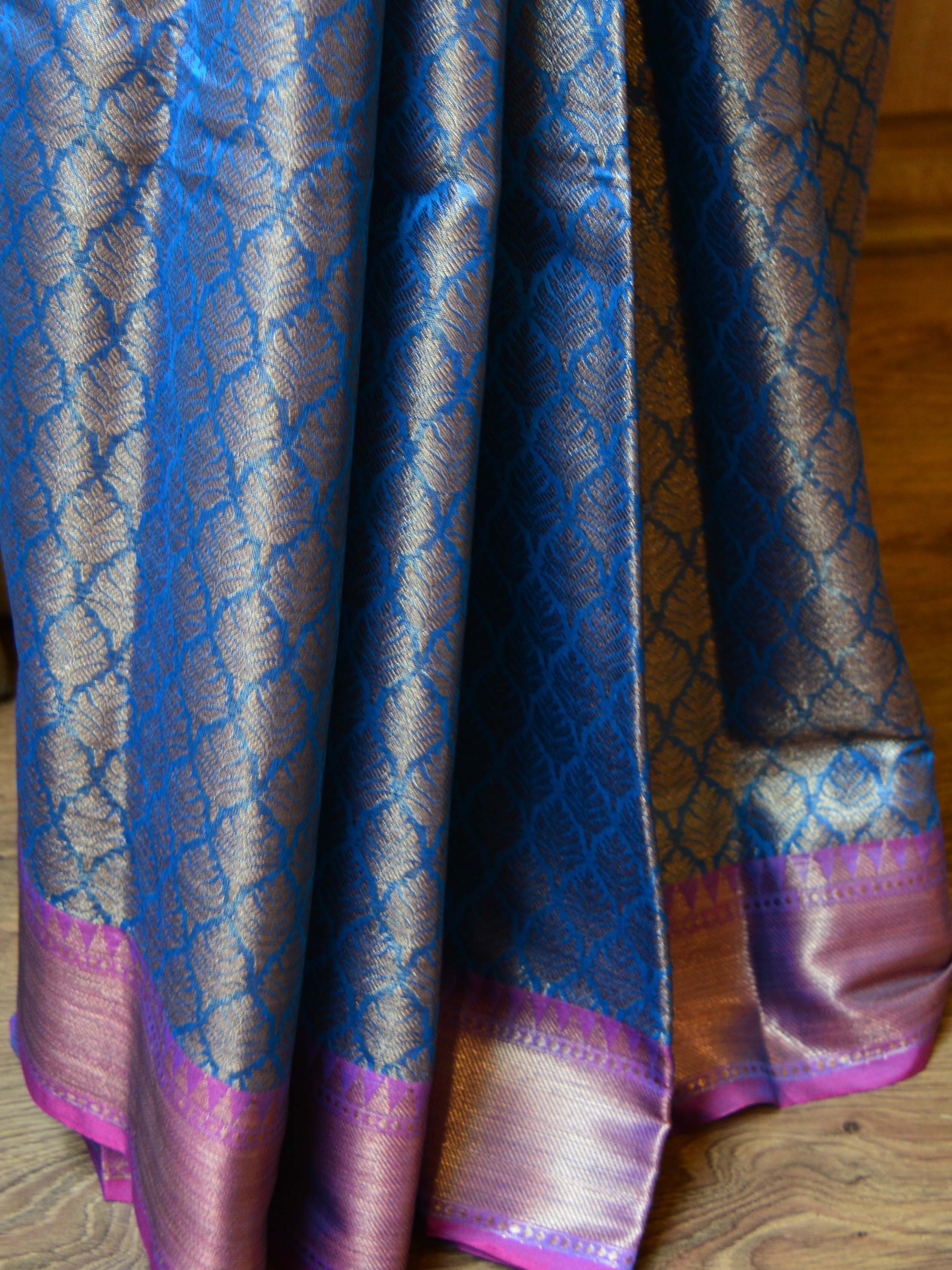 Banarasee Handwoven Semi Silk Saree With Zari Jaal Design-Blue