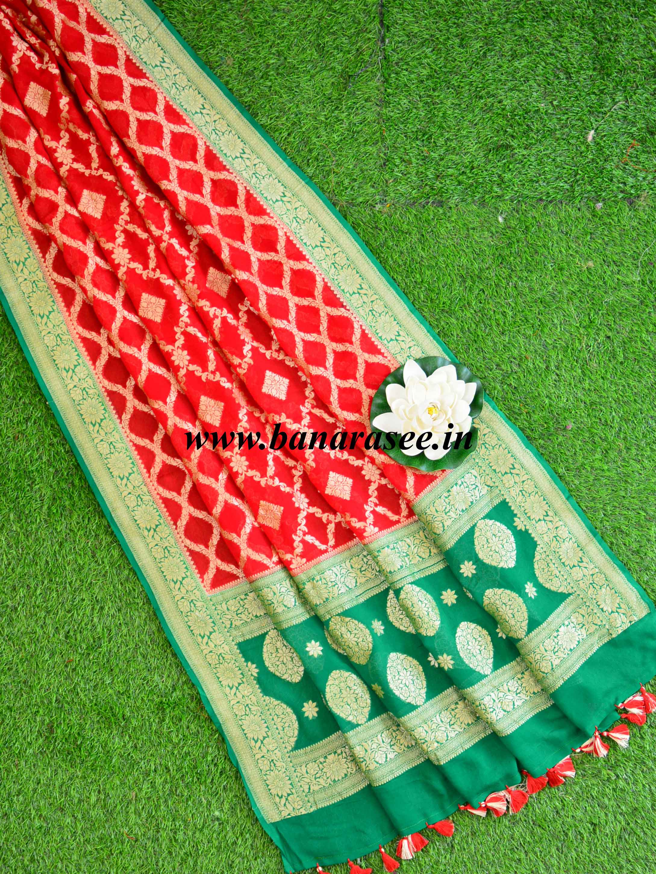 Banarasee Handwoven Khaddi Chiffon Silk-Red & Green