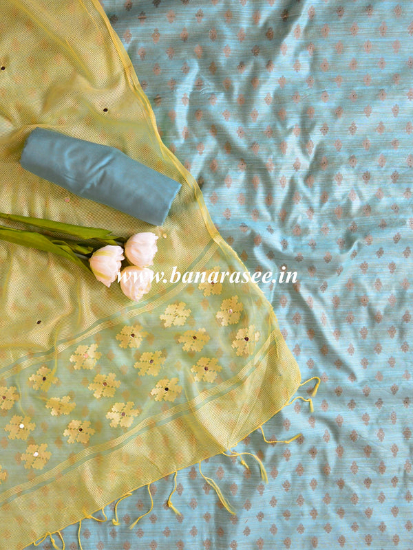 Banarasee Cotton Silk Salwar Kameez Ghichha Buti  Fabric & Kota Dupatta-Blue & Yellow