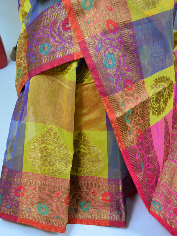 Banarasee Cotton Silk Mix Saree With Checks & Antique Gold Zari Work Border-Multicolor