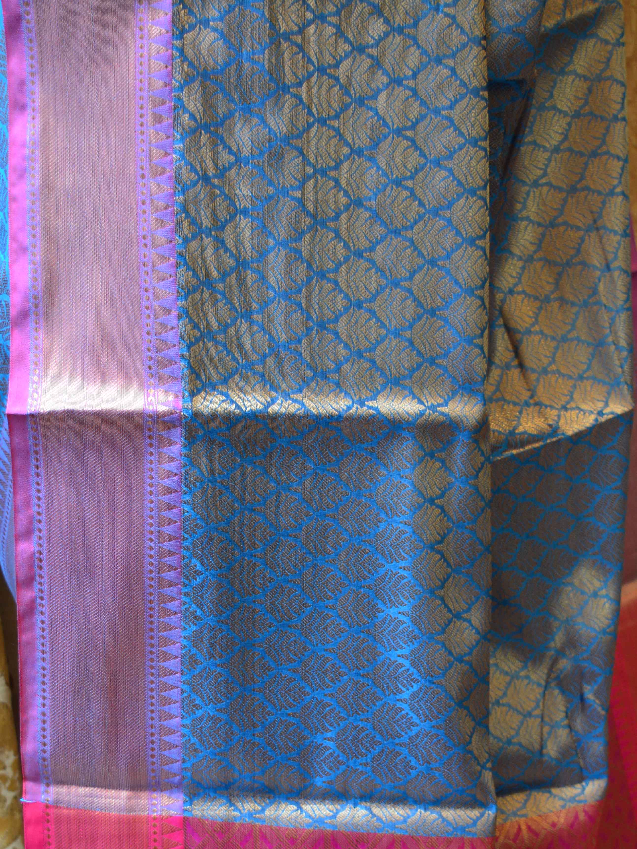 Banarasee Handwoven Semi Silk Saree With Zari Jaal Design-Blue