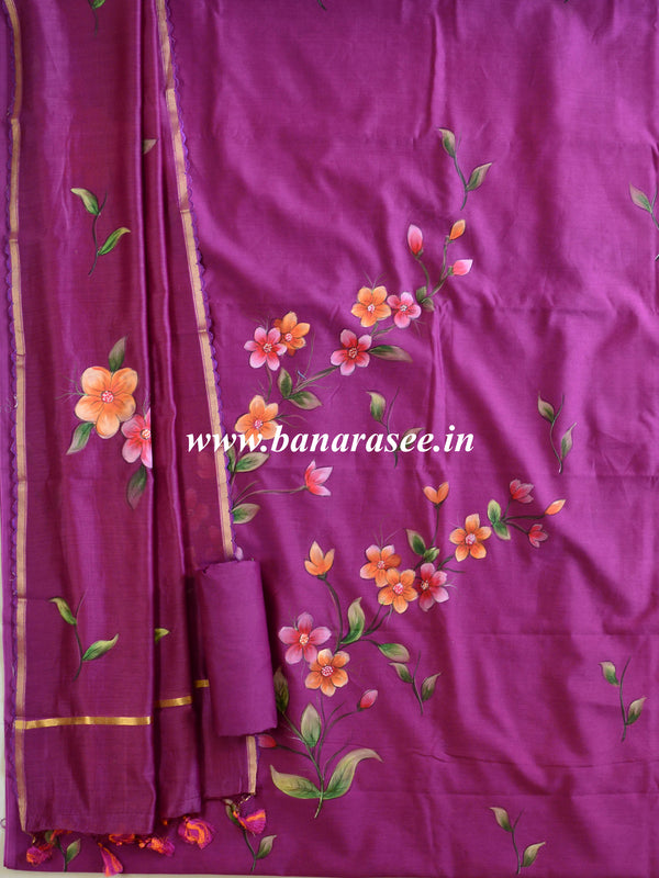 Banarasee Pure Chanderi Silk Hand-painted Salwar Kameez Set-Purple