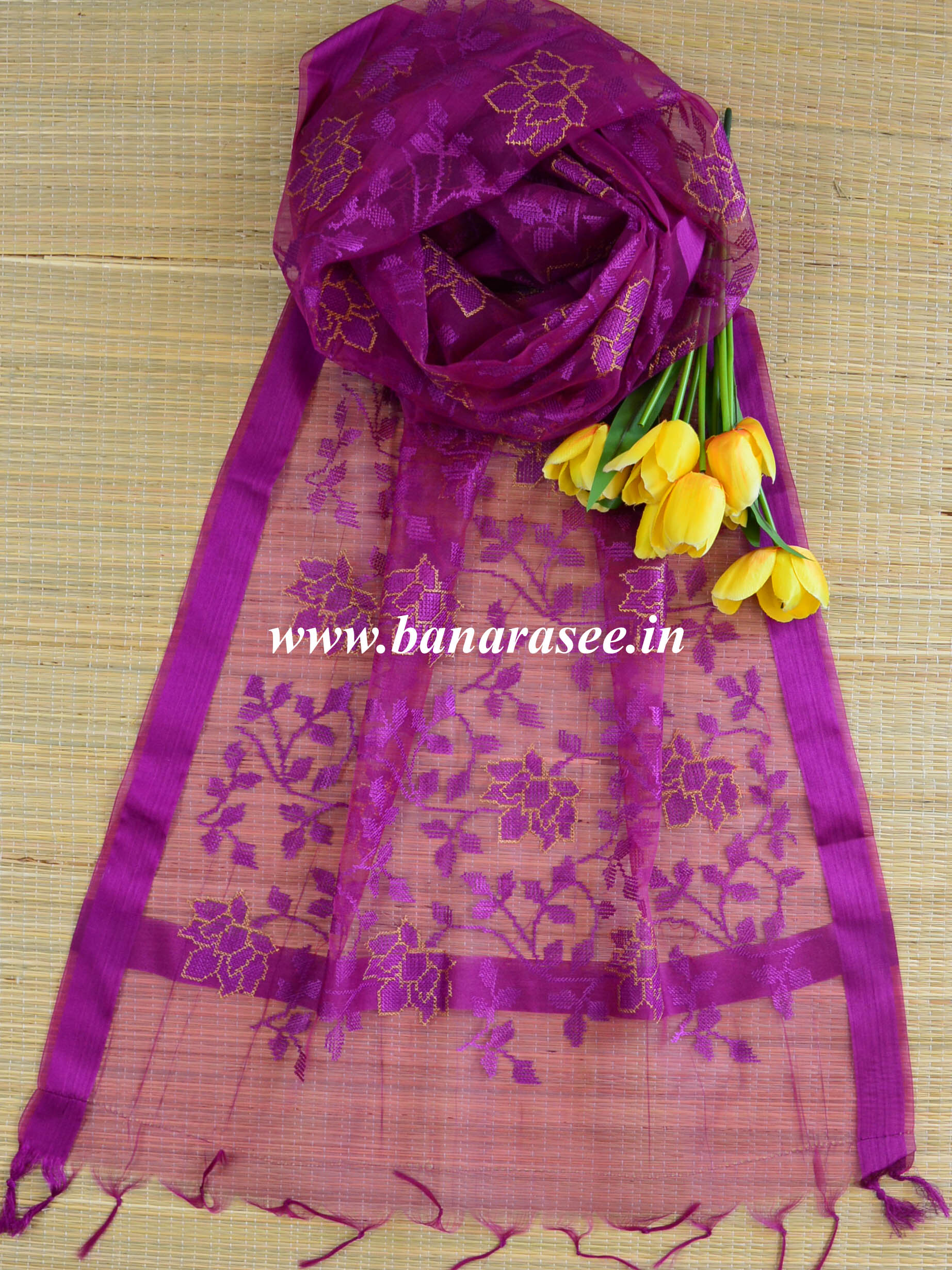 Banarasee Embroidered Resham Jaal Design Organza Dupatta-Violet