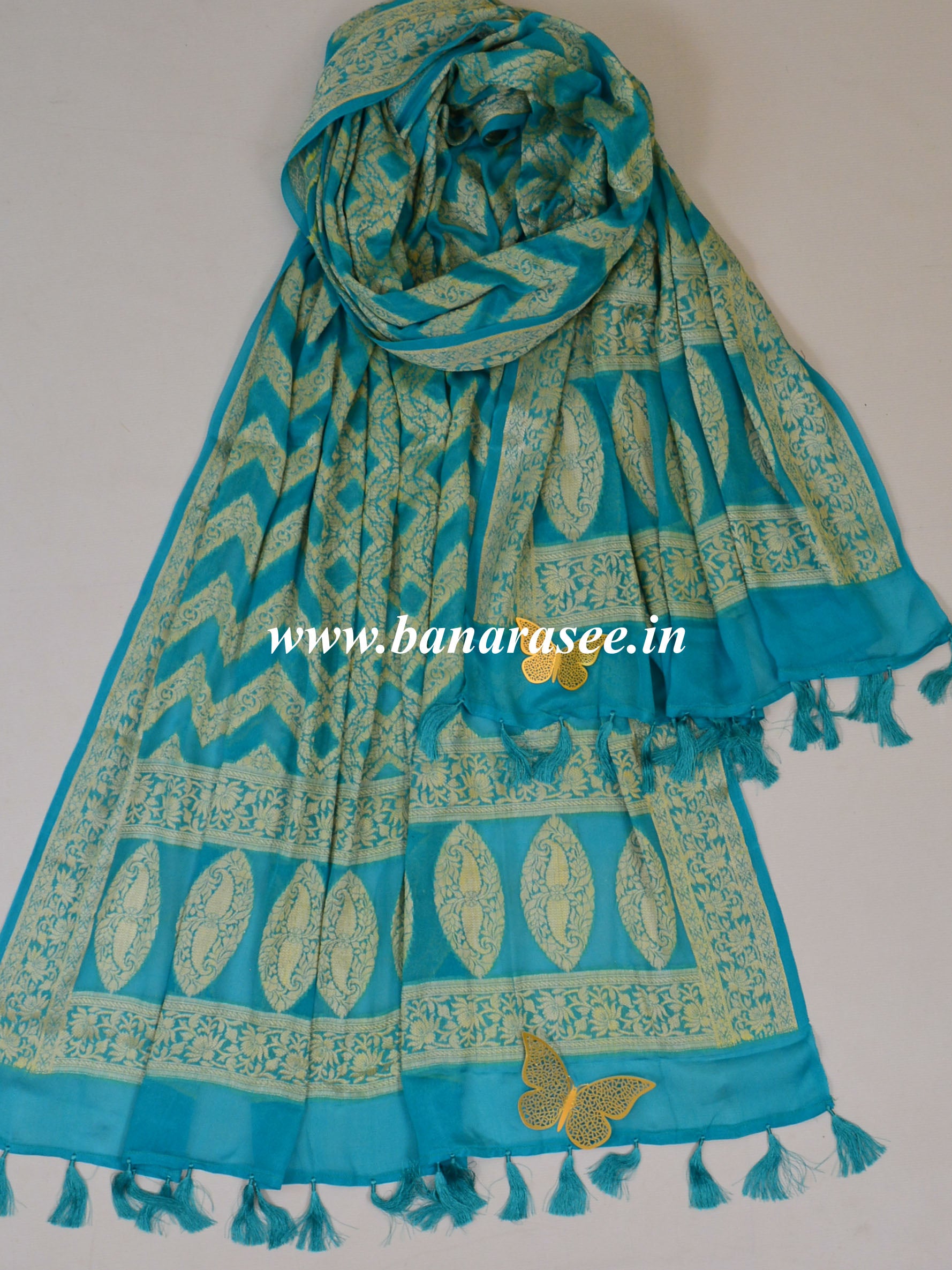 Banarasee Handwoven Khaddi Chiffon Dupatta Ombre Dyed-Blue