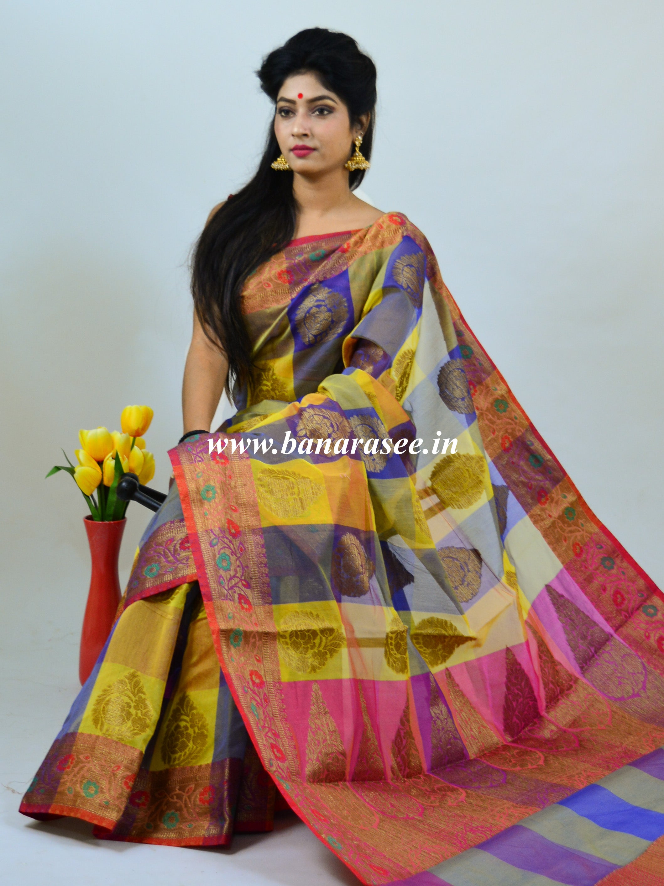 Banarasee Cotton Silk Mix Saree With Checks & Antique Gold Zari Work Border-Multicolor