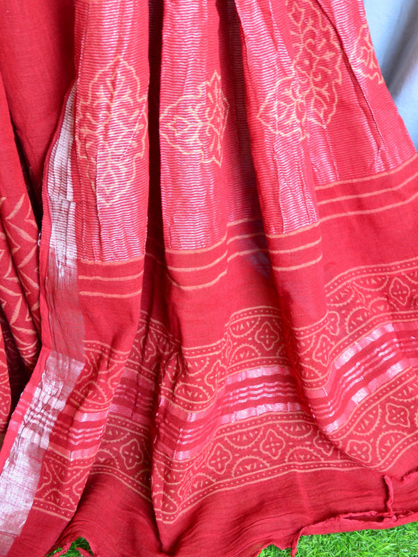Banarasee Linen Cotton Bagru Hand-Block Printed Saree-Maroon