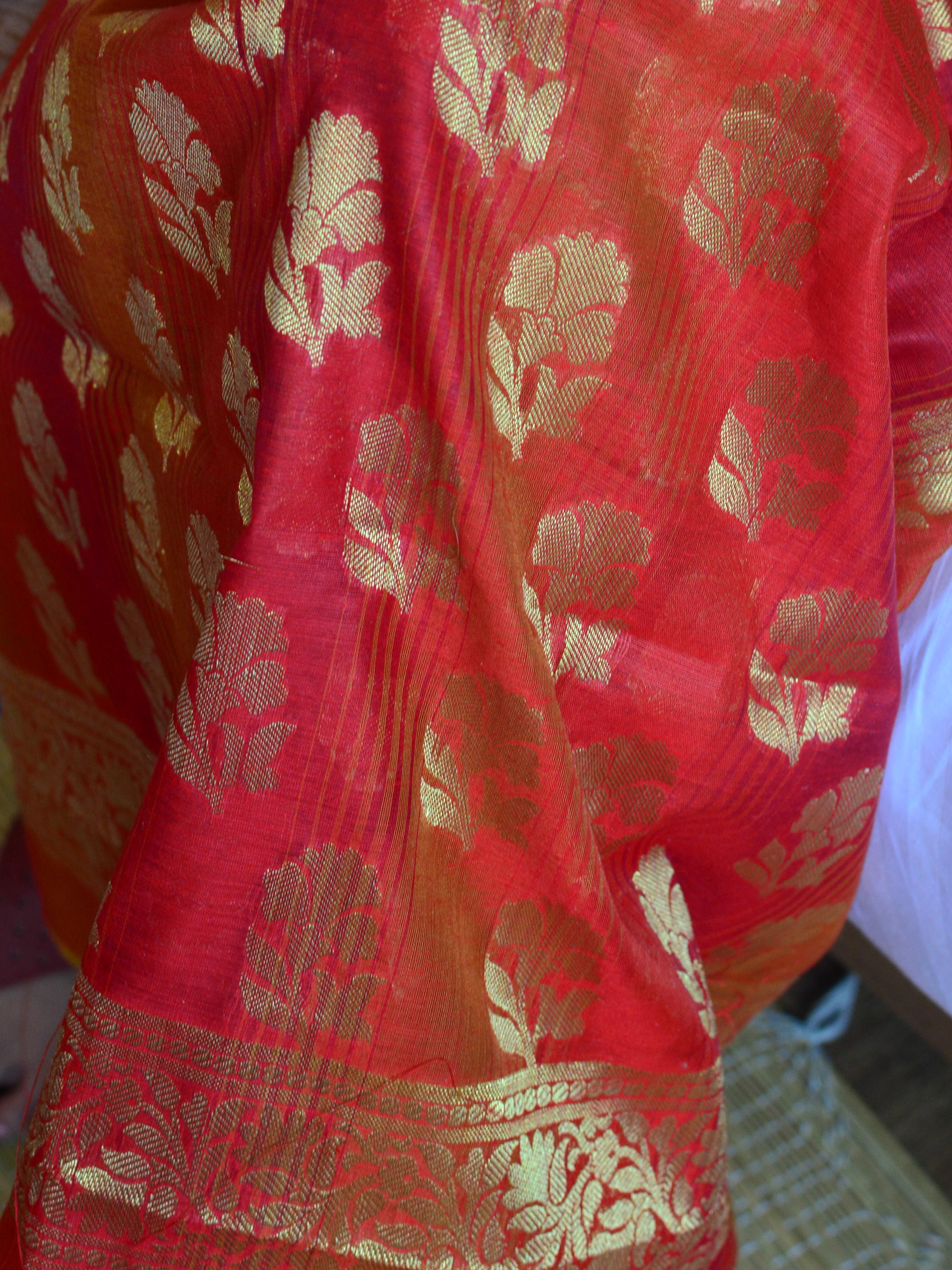 Banarasee Chanderi Cotton Stripes Salwar Kameez Fabric With Dupatta-Red