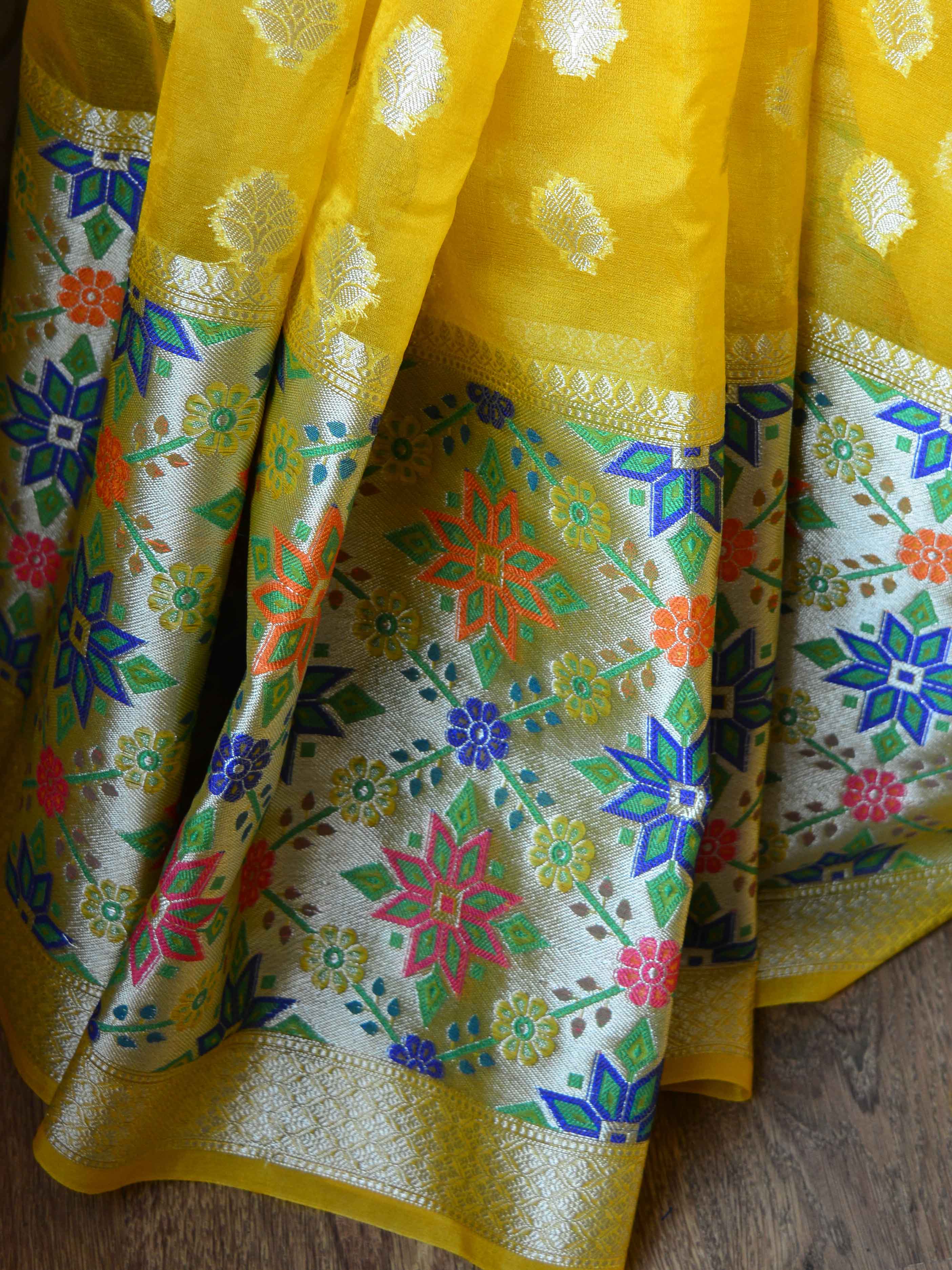 Banarasee Organza Mix Saree With Buti Design & Broad Meenakari Border-Yellow