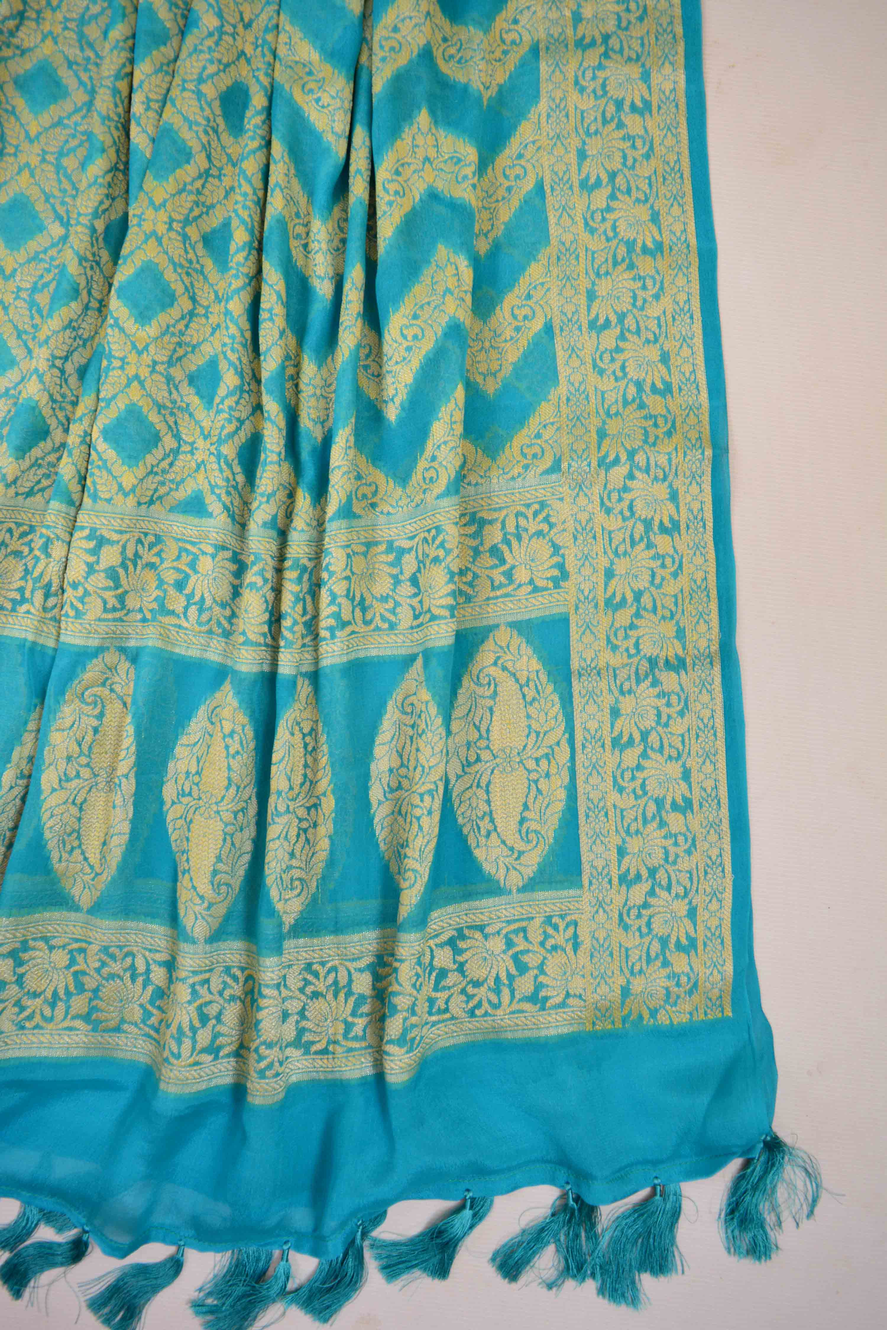 Banarasee Handwoven Khaddi Chiffon Dupatta Ombre Dyed-Blue