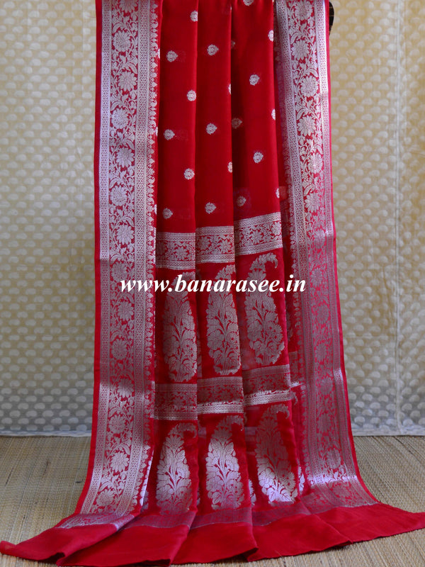 Banarasee Handwoven Semi-Chiffon Saree With Silver Zari-Red