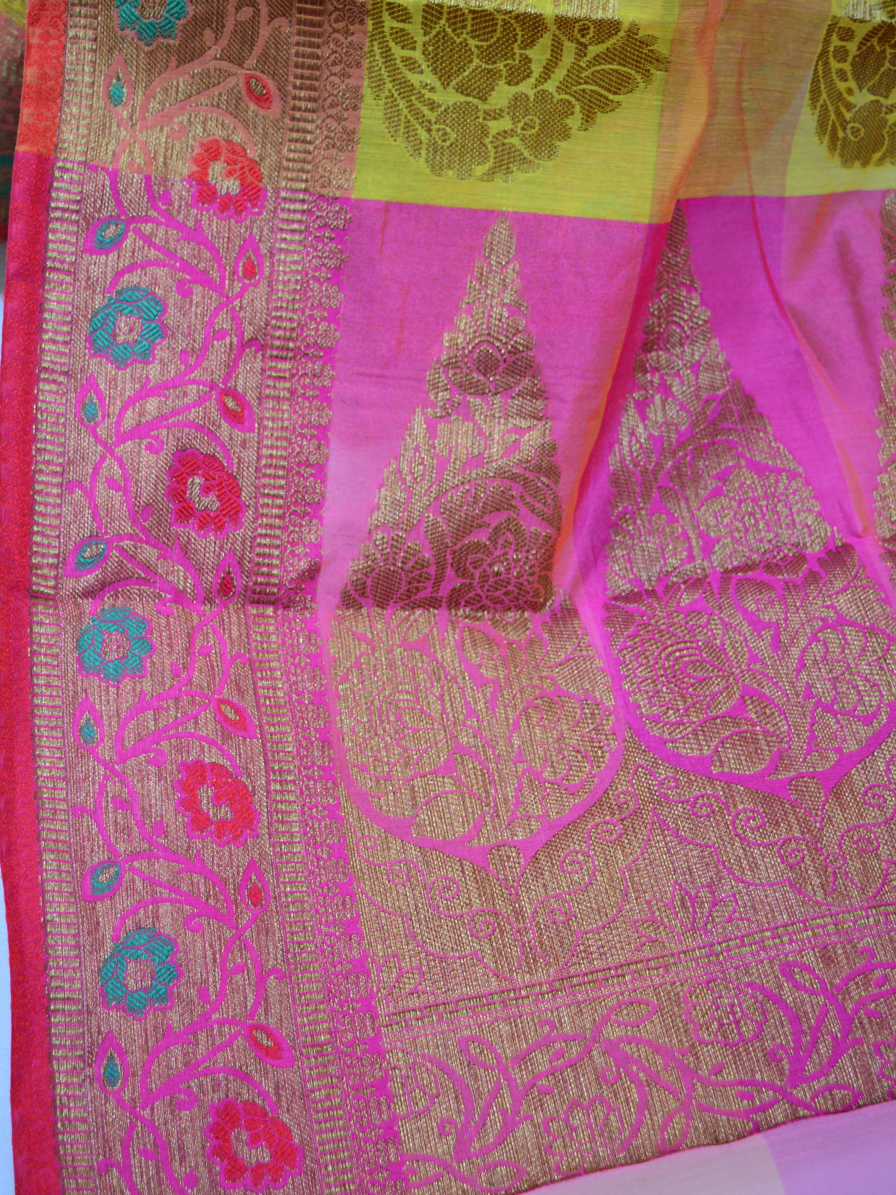 Banarasee Cotton Silk Mix Saree With Checks & Antique Gold Zari Work Border-Multicolor