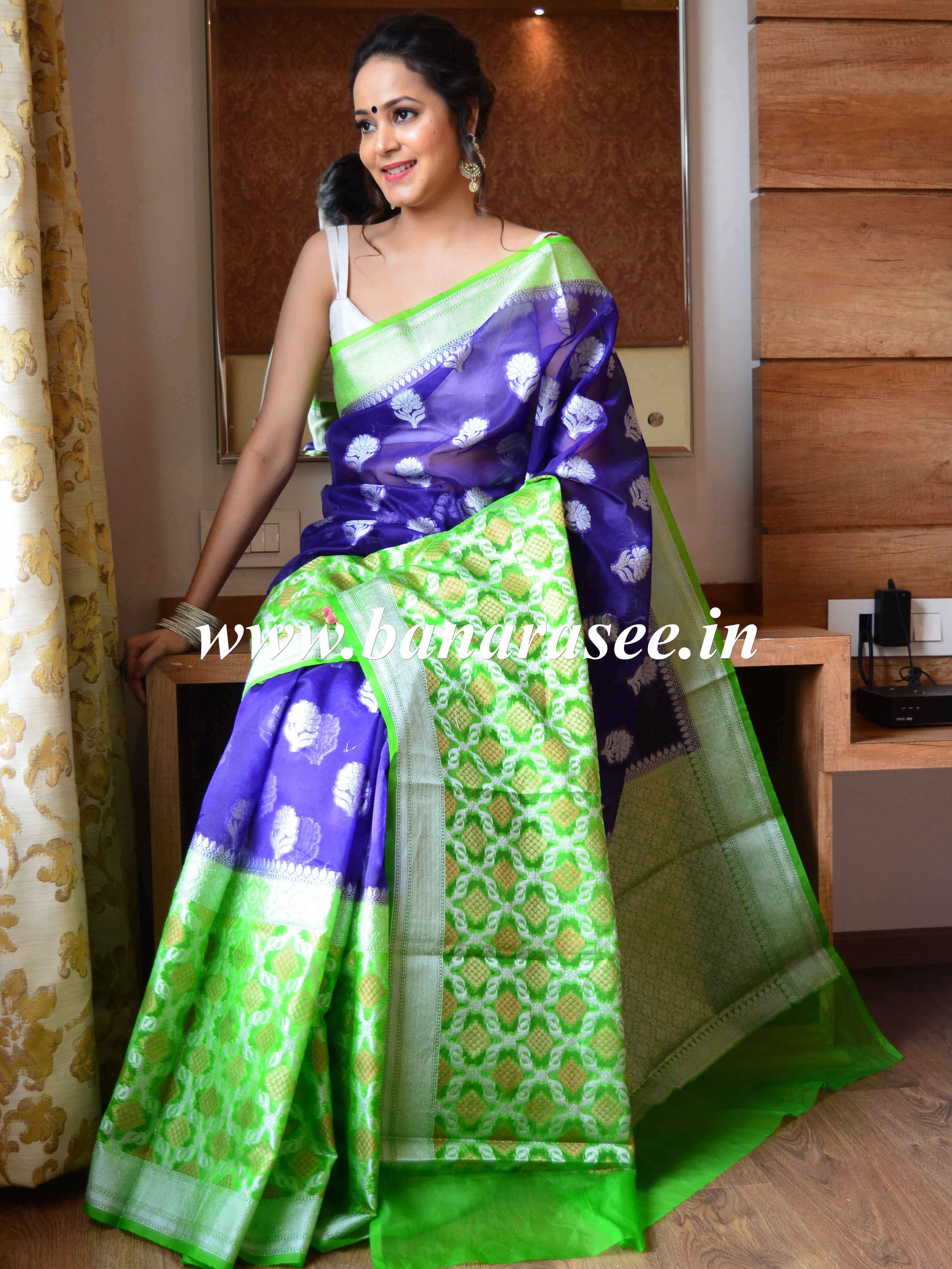 Banarasee Organza Mix Saree With Antique Zari Buti & Contrast Skirt Border-Blue & Light Green