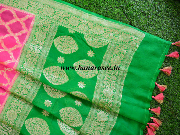 Banarasee Handwoven Khaddi Chiffon Silk-Peach & Green
