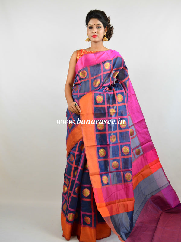 Banarasee Handloom Cotton Silk Saree With Checks & Ganga Jamuna Border-Blue