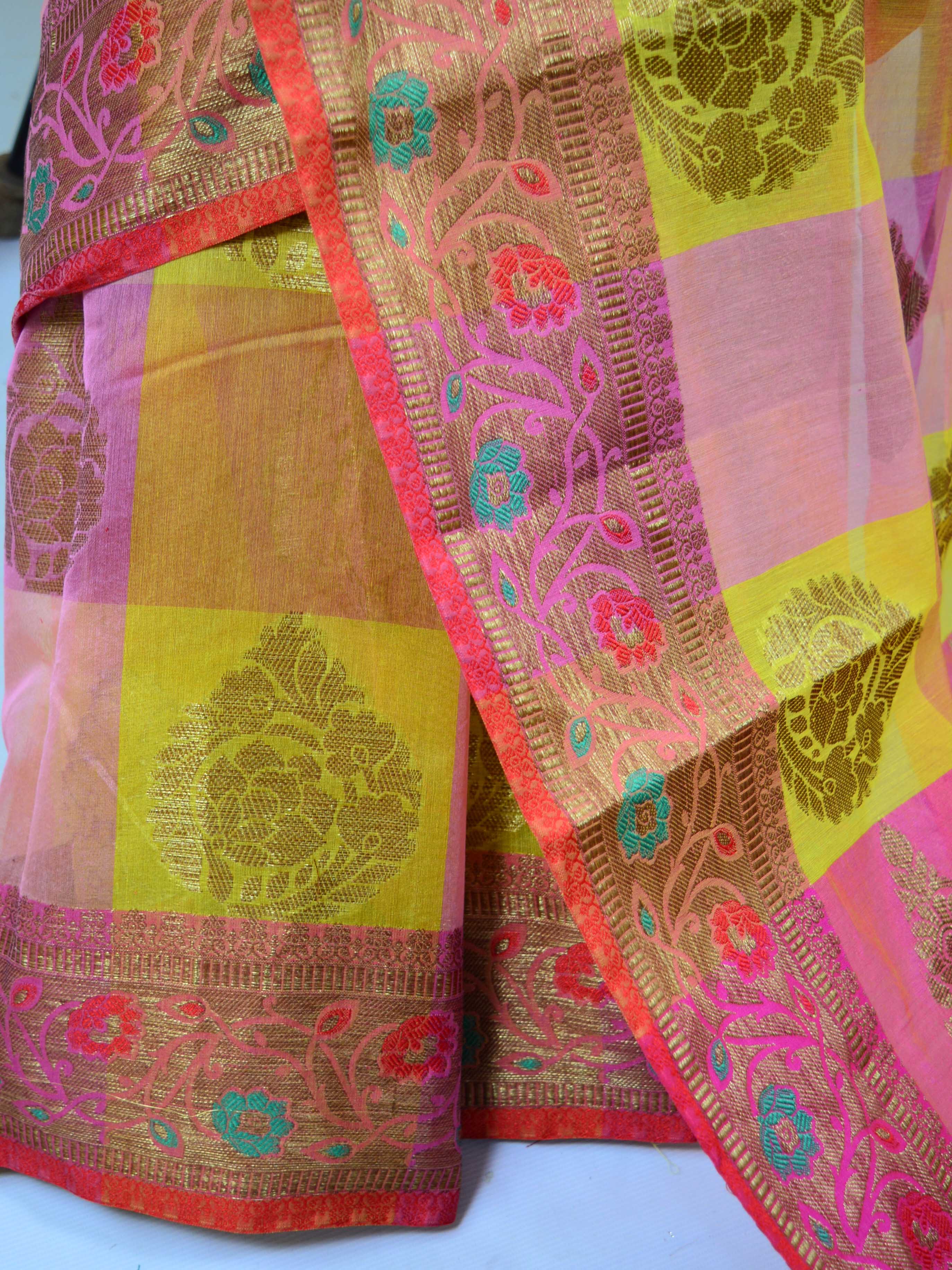 Banarasee Cotton Silk Mix Saree With Checks & Antique Gold Zari Work Border-Multicolor