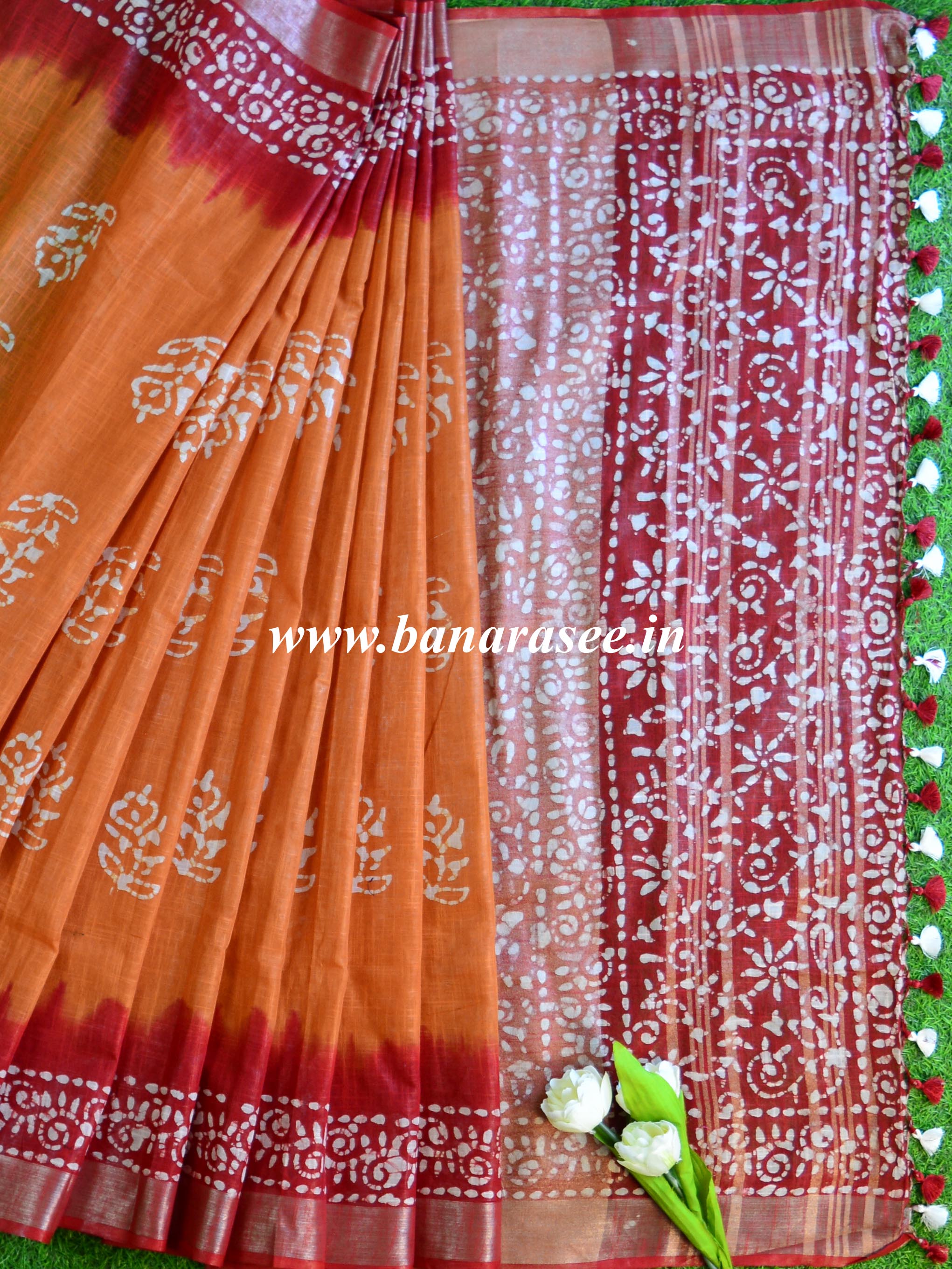 Bhagalpur Handloom Pure Linen Cotton Hand-Dyed Batik Pattern Saree-Rust & Red