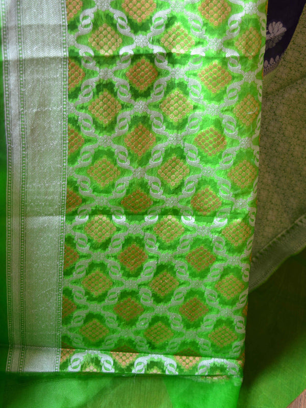 Banarasee Organza Mix Saree With Antique Zari Buti & Contrast Skirt Border-Blue & Light Green