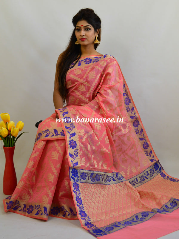 Banarasee Cotton Mix Sari With Resham Floral Border-Pink