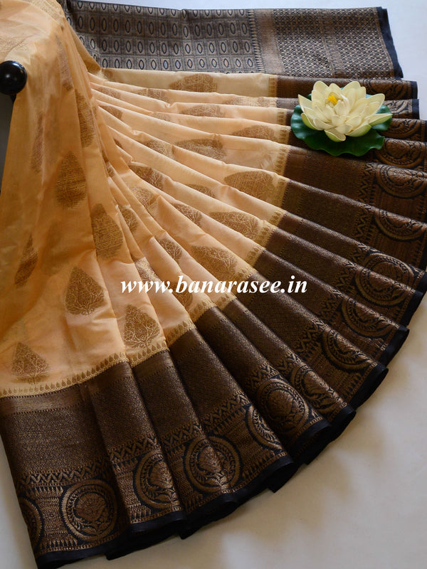 Banarasee Handwoven Semi Silk Saree With Contrast Border-Beige