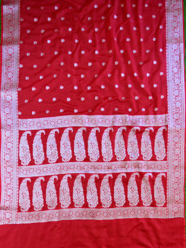 Banarasee Handwoven Semi-Chiffon Saree With Silver Zari-Red