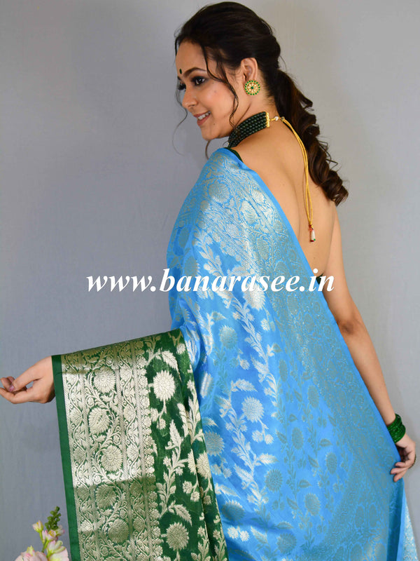 Banarasee Handwoven Semi-Chiffon Saree With Silver Zari & Dual Color-Green & Blue