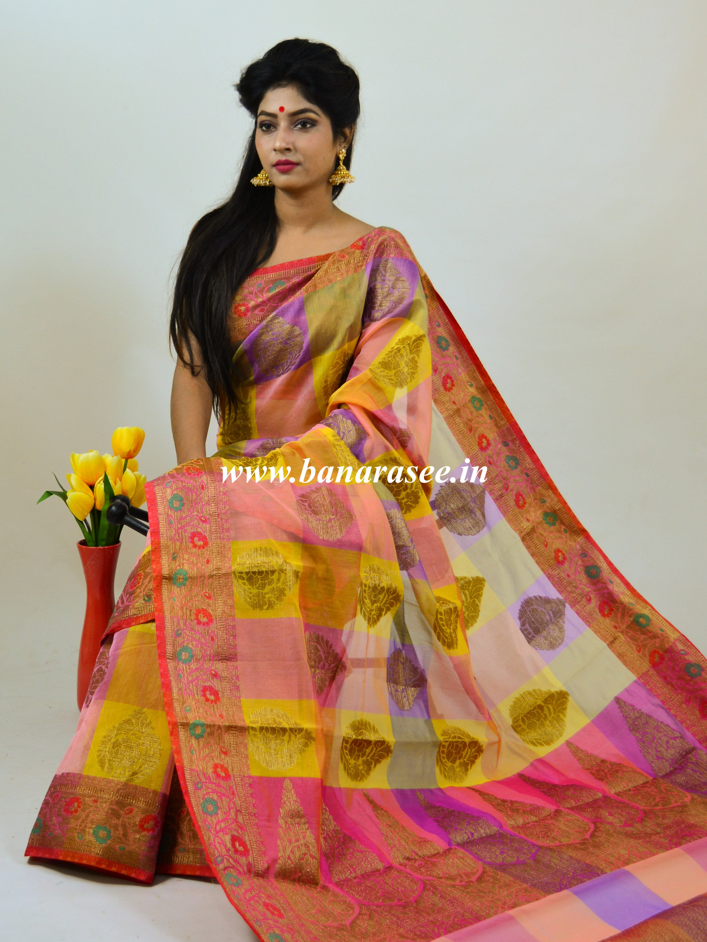 Banarasee Cotton Silk Mix Saree With Checks & Antique Gold Zari Work Border-Multicolor