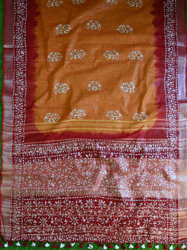 Bhagalpur Handloom Pure Linen Cotton Hand-Dyed Batik Pattern Saree-Rust & Red