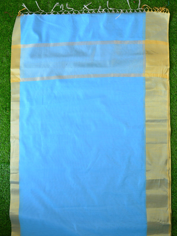 Banarasee Cotton Silk Saree With Zari Border With Gold Brocade Blouse-Blue