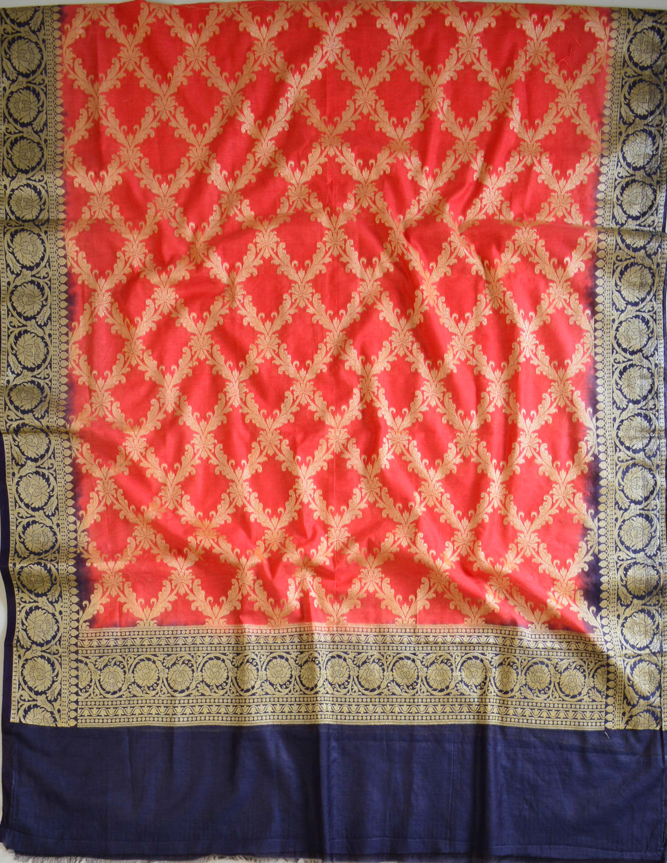 Banarasee Cotton Silk Zari Woven Salwar Kameez Dupatta Set-Orange With Blue
