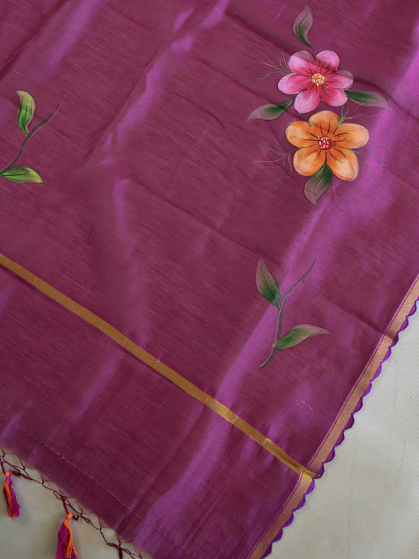 Banarasee Pure Chanderi Silk Hand-painted Salwar Kameez Set-Purple