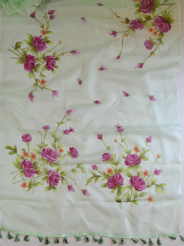 Banarasee Pure Organza Silk Saree With Hand-Paint Floral Design-Mint Green