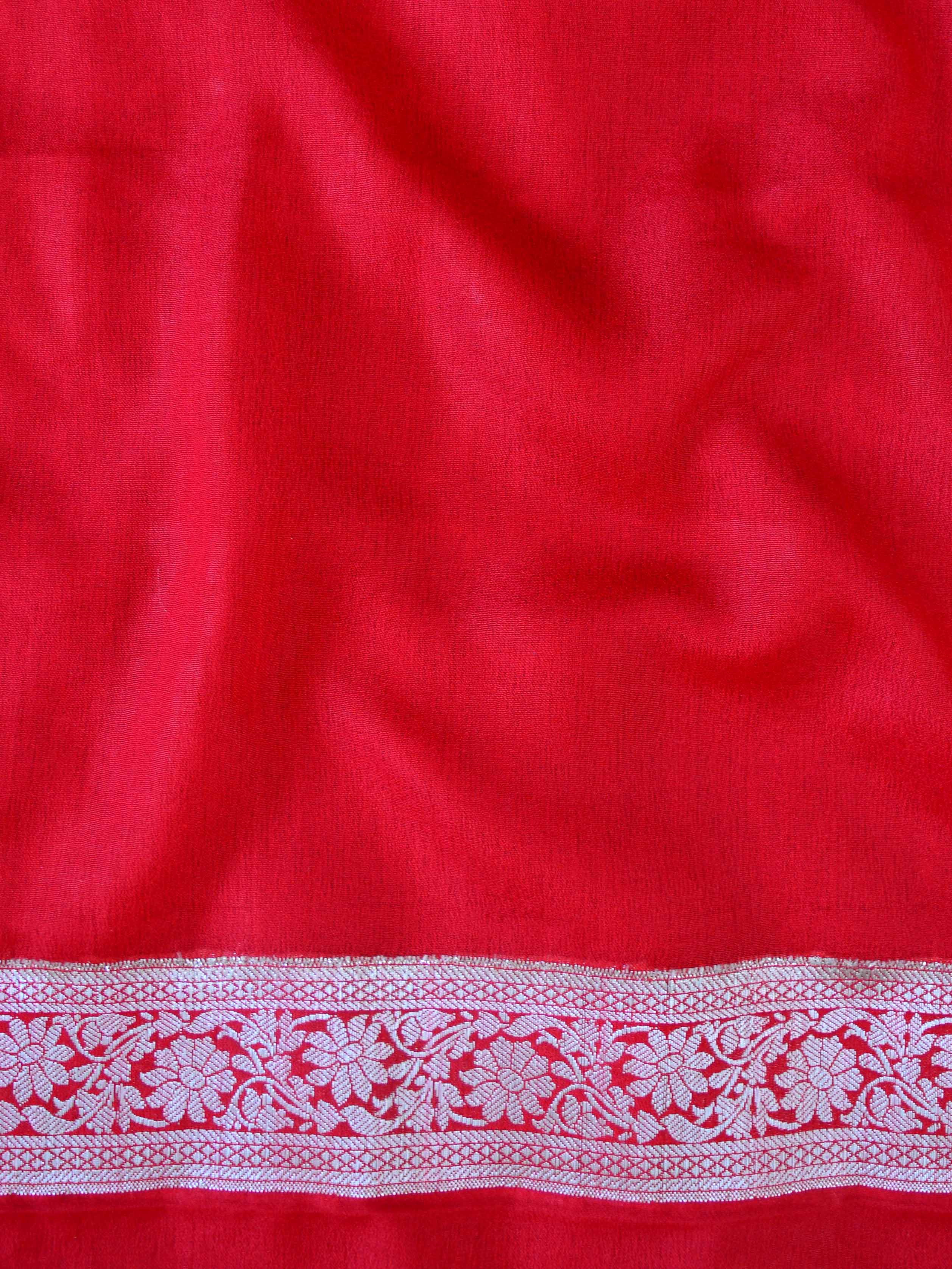 Banarasee Handwoven Semi-Chiffon Saree With Silver Zari-Red