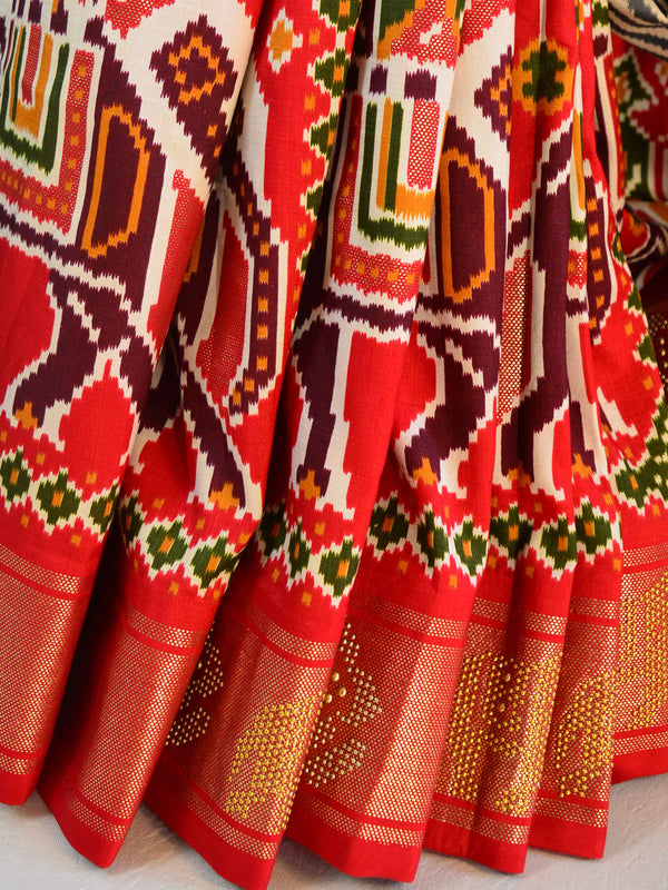 Banarasee Soft Silk Patola Saree With Zari Border-White & Red