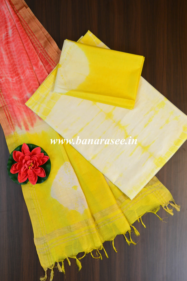 Bhagalpuri Salwar Kameez Glossy Cotton Silk Shibori Dye Fabric-Yellow & Pink