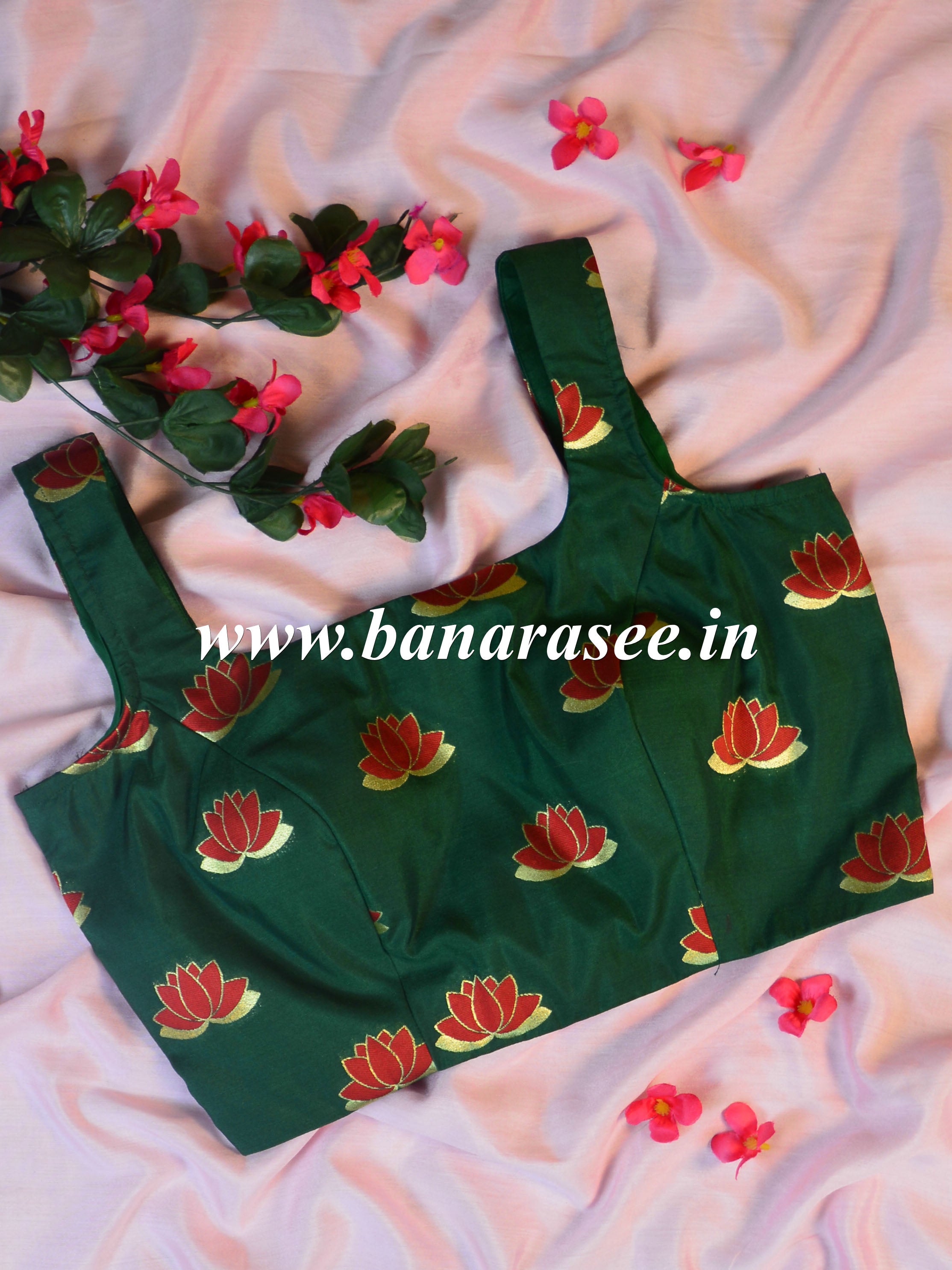 Banarasee Pure Silk Brocade Lotus Buti Fabric Blouse-Green