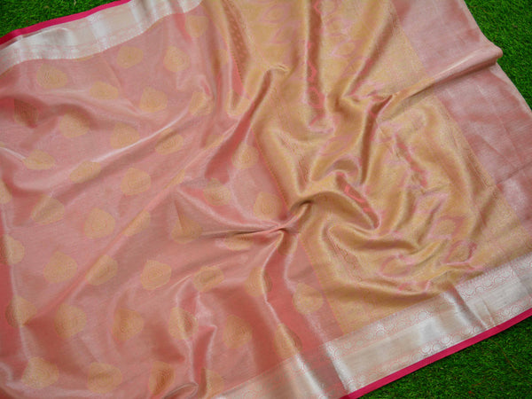 Banarasee Tissue Saree Buta Design & Silver Border-Peach