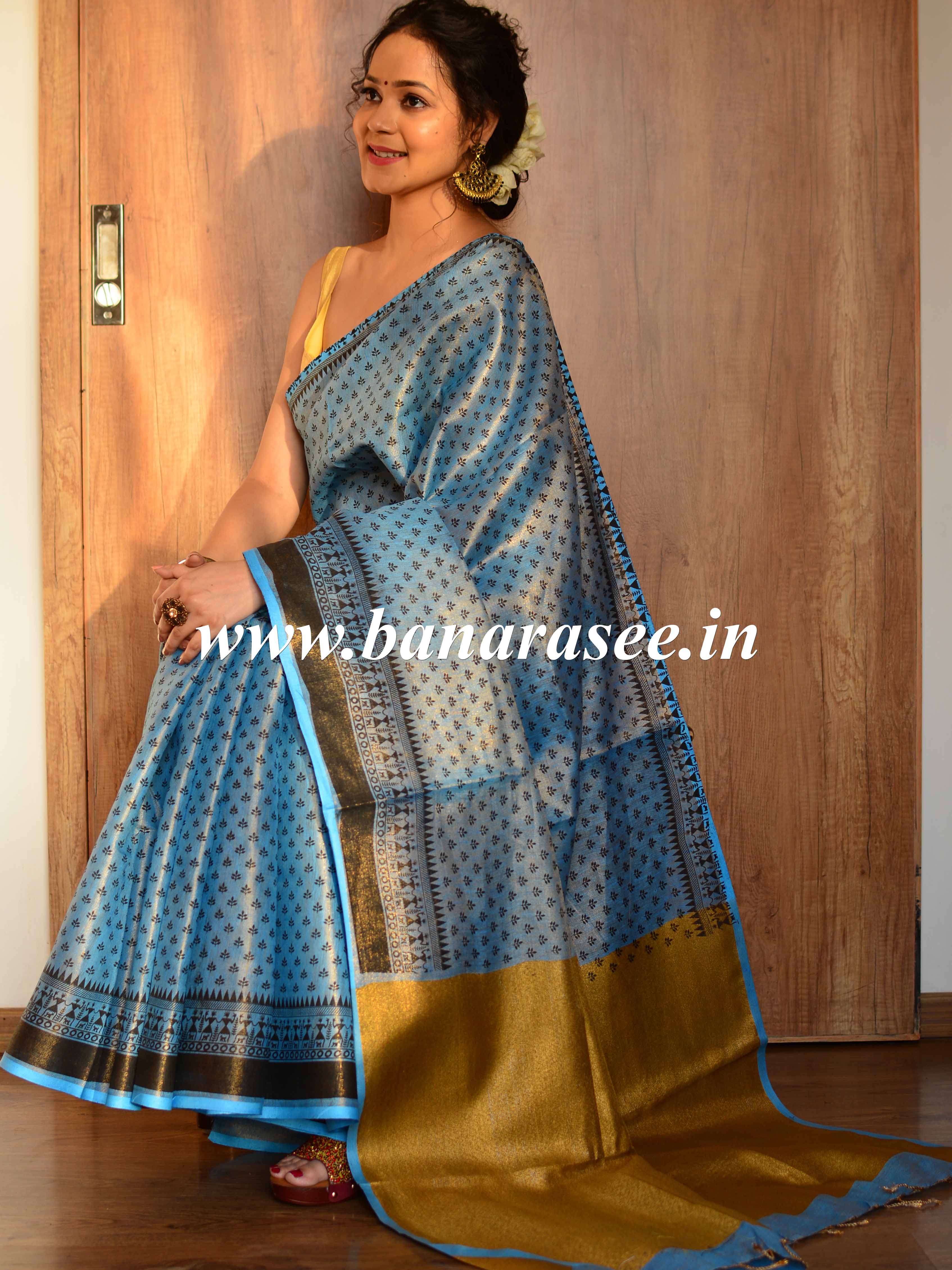 Banarasee Handloom Pure Linen By Tissue Metallic Shine Saree-Blue