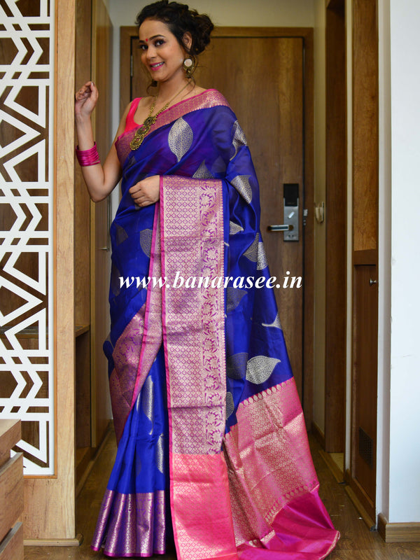 Banarasee Cotton Silk  Saree With Antique Zari Leaf Buta & Border-Blue
