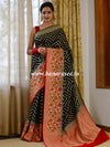 Banarasee Handwoven Semi-Chiffon Saree With Zig-Zag Design-Black & Red